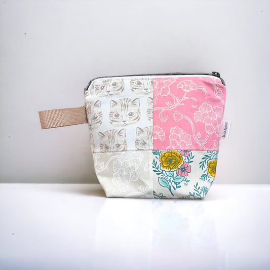 Sock Sized Project bag- Patchwork with cats and florals - SkeinAppeal