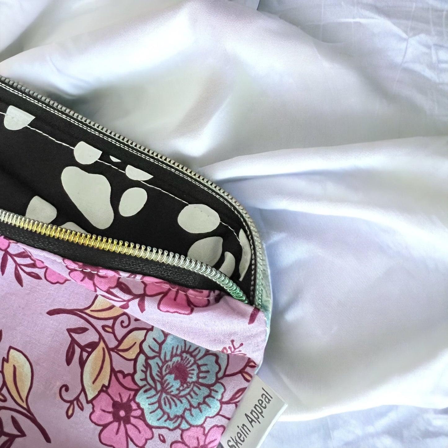 Sock Sized Patchwork Project Bag -floral/cats/tea - SkeinAppeal