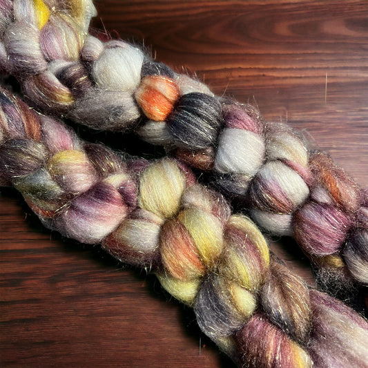 Superwash Merino Wool/Sparkling Stellina gold ~2oz braids- Witches Brew - SkeinAppeal