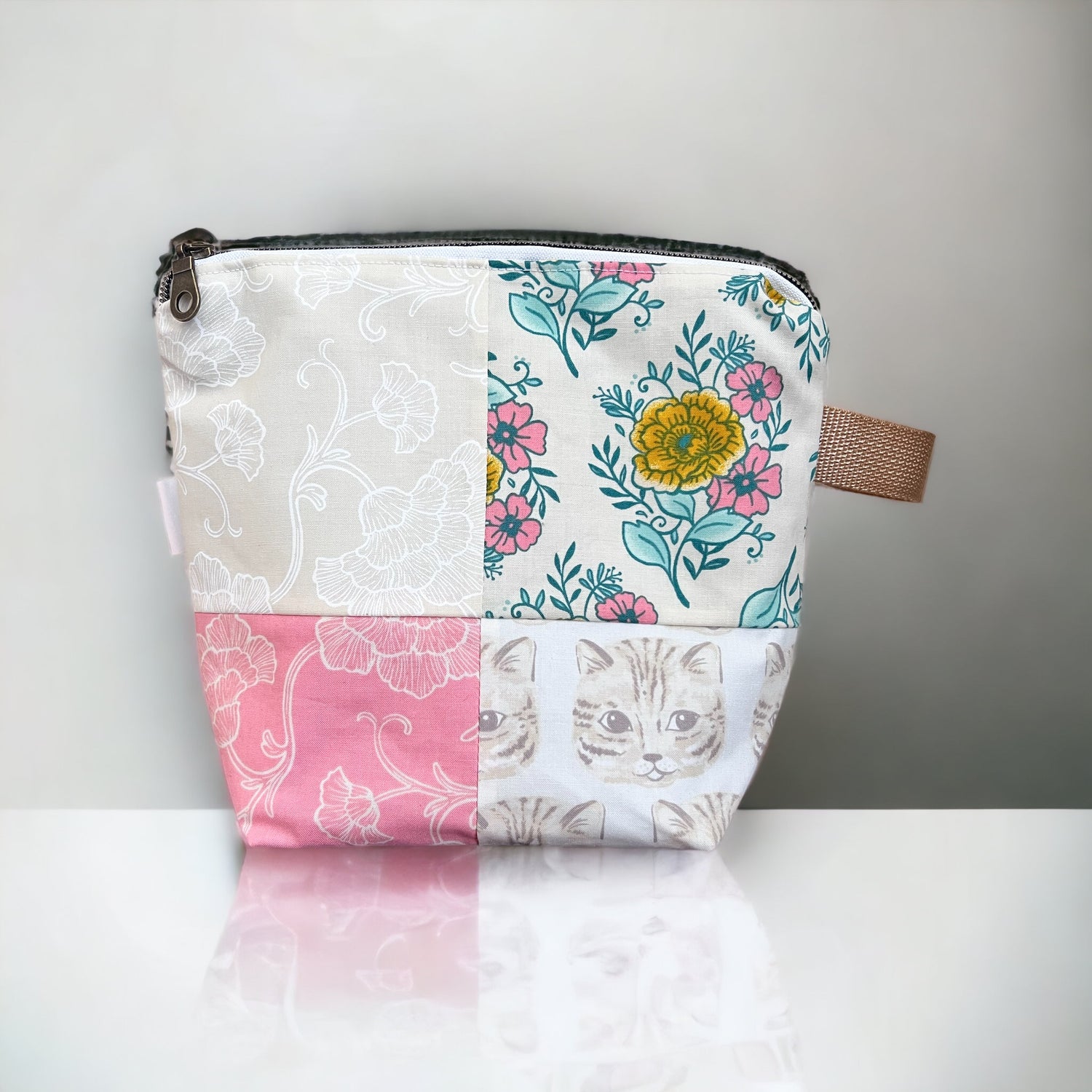 Sock Sized Project bag- Patchwork with cats and florals - SkeinAppeal