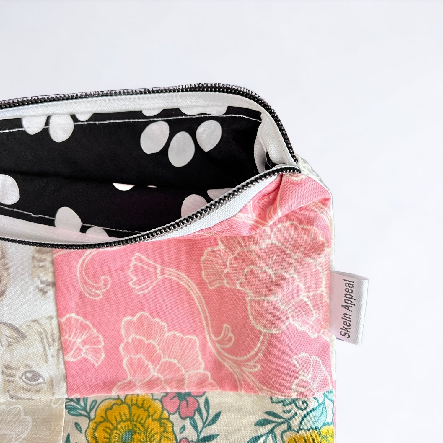 Sock Sized Project bag- Patchwork with cats and florals - SkeinAppeal