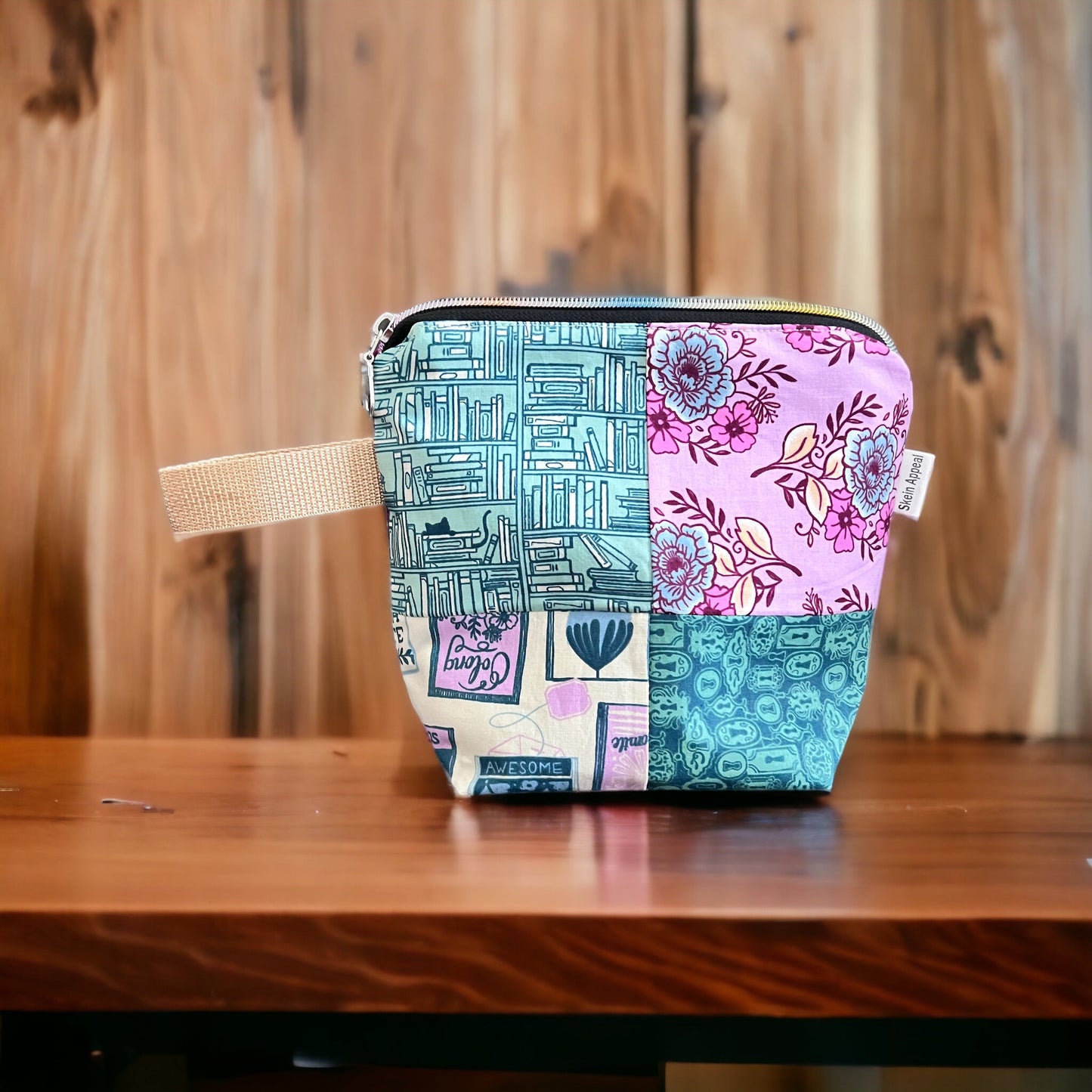 Sock Sized Patchwork Project Bag -floral/cats/tea