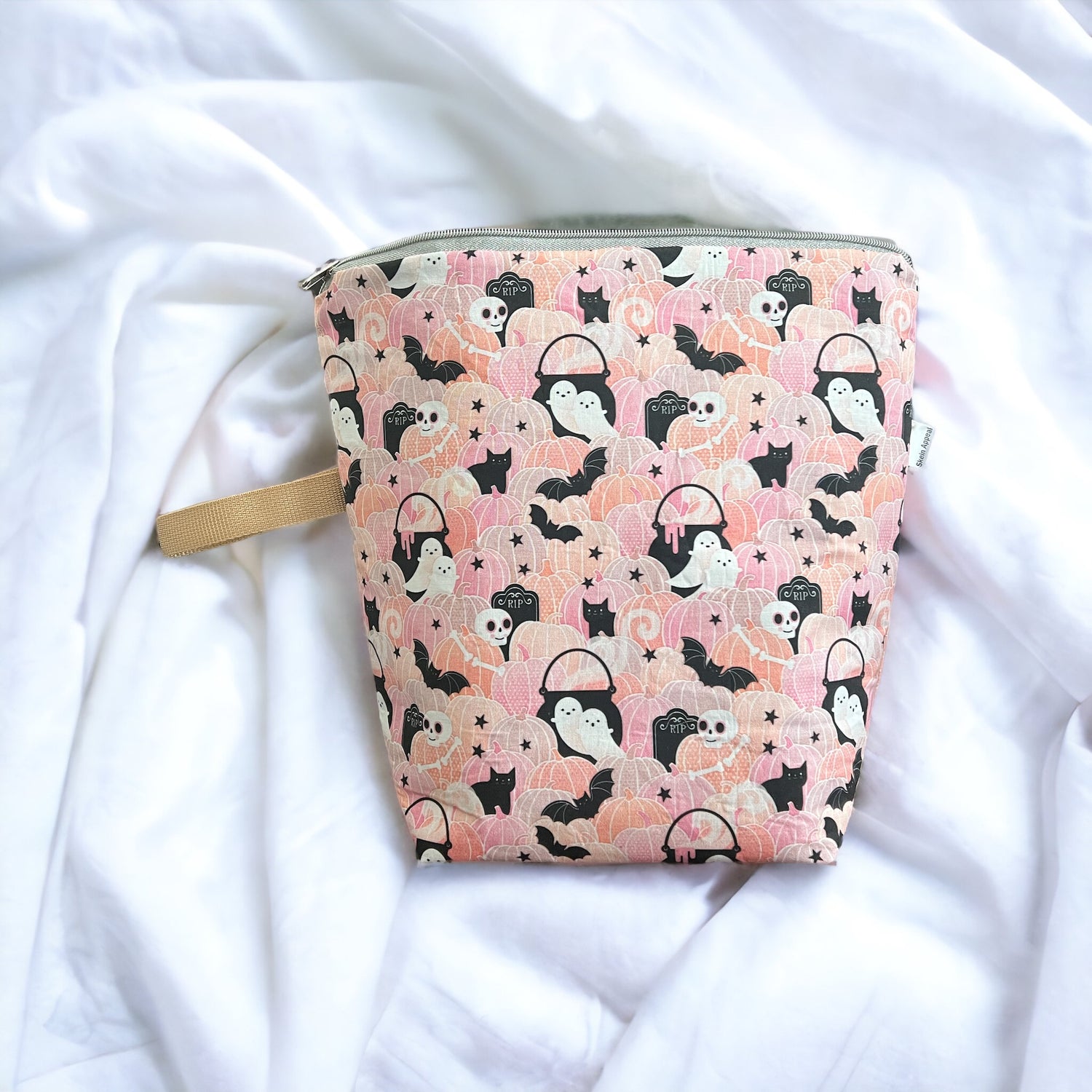 Large Pink Pumpkin & Ghost Zippered Project Bag - SkeinAppeal
