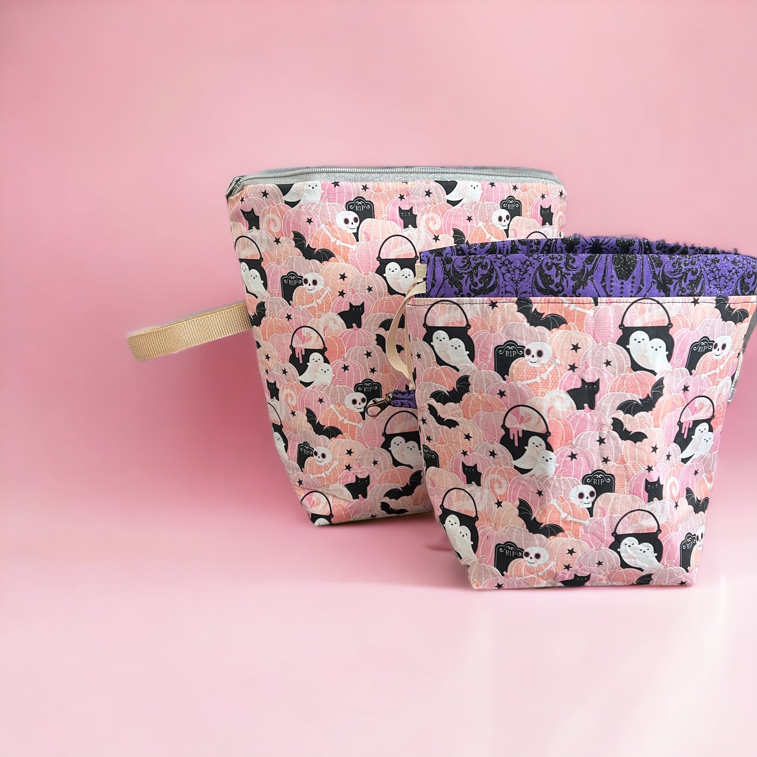 Large Pink Pumpkin & Ghost Zippered Project Bag - SkeinAppeal